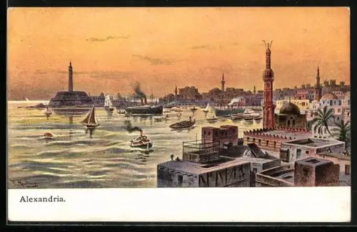 Künstler-AK F.Perlberg: Alexandria, Stadtansicht u. Hafen
