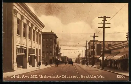 AK Seattle, Wn., 14th Ave. N. E. University District, Strassenbahn