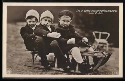 AK Kronprinz Wilhelm von Preussen, Die 3 Söhne des Kronprinzenpaares beim Rodeln