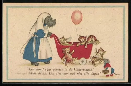 AK Sauve qui peut! une souris, Hundedame passt auf Kätzchen auf