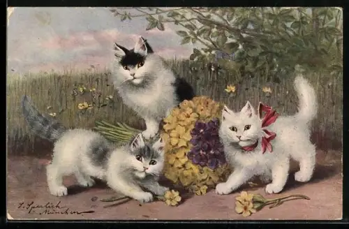 AK Drei Katzen mit gelbem Blumenstrauss