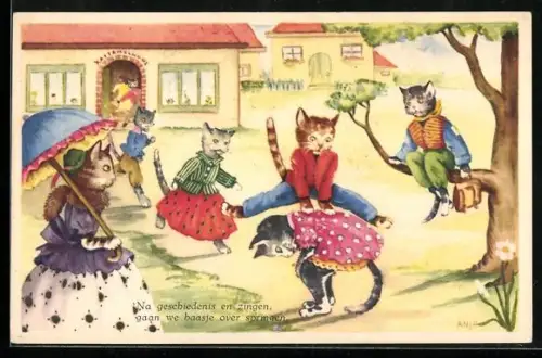 AK Katzenbube beim Bocksprung über den Rücken eines Katzenmädchens, vermenschlichte Tiere