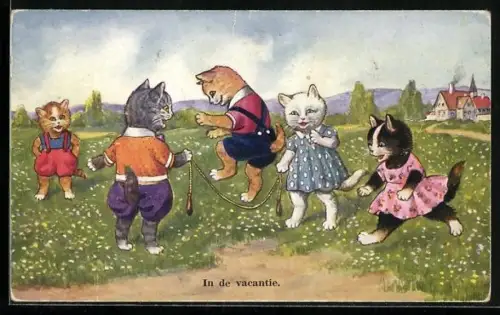 AK Katzenkinder spielen auf der Blumenwiese, vermenschlichte Tiere