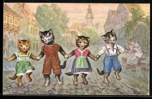 AK O wie wohl, vermenschlichte Katzenkinder