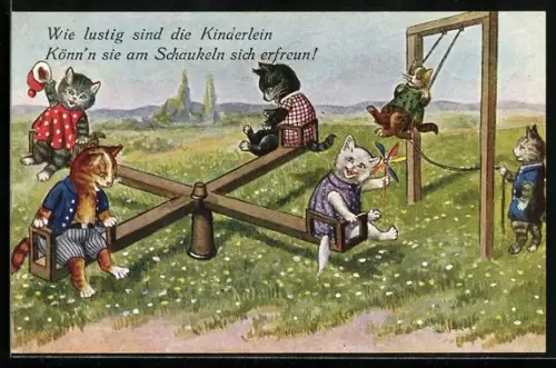 Künstler-AK Katzen auf dem Spielplatz