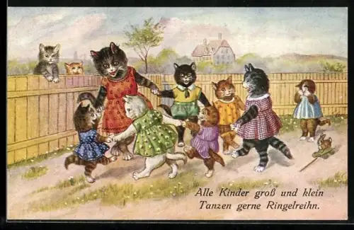 AK vermenschlichte Katzenkinder tanzen Ringelreihn