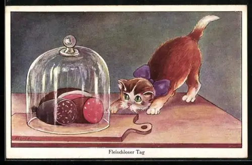 Künstler-AK Korle: Fleischloser Tag, Kätzchen sehnt sich nach Wurst