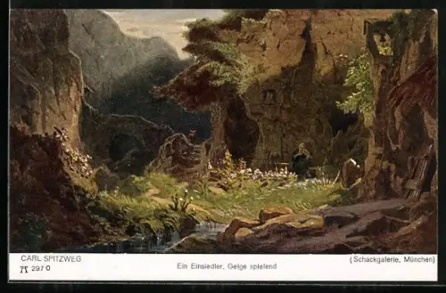 Künstler-AK Carl Spitzweg: ein Einsiedler spielt auf seiner Geige