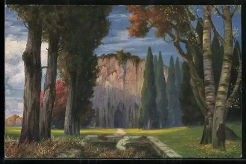 Künstler-AK sign. M. Rüdisühli: Nr. 332 /5. Weltabgeschieden, Landschaft mit badender Frau & Fels