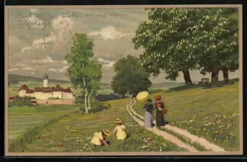 Künstler-Lithographie Paul Hey: Spaziergang im Grünen