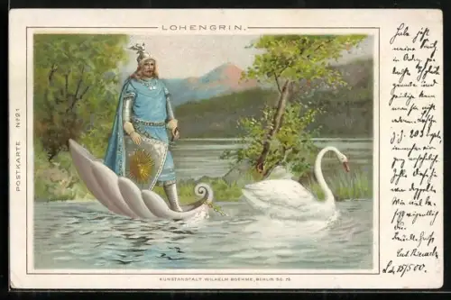 Lithographie Lohengrin, Parsival am See, Schwan