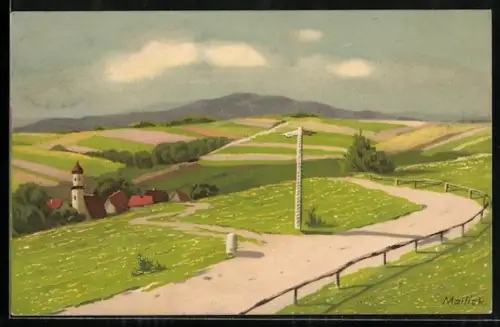 Künstler-AK Alfred Mailick: Blick von einer unbefestigten Strasse zu einem Ort