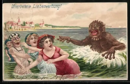 AK Badende Urlauber werden von einem Seemonster angegriffen