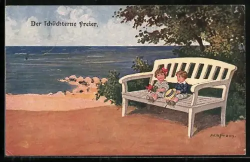 Künstler-AK Ad.Hoffmann: Kleines Pärchen sitzt schüchtern auf einer Bank