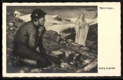 Künstler-AK Matthäus Schiestl: Alpensage, Alphornbläser beobachtet eine Fee mit Laute in der Hand