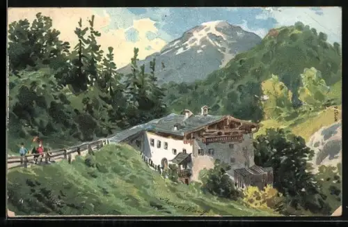 Künstler-Lithographie Gottlob Theuerkauf: Idyll mit Haus in den Bergen