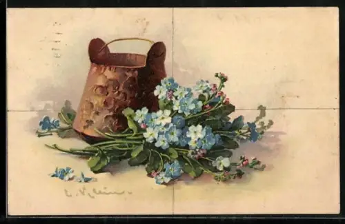 Künstler-AK Catharina Klein: Vergissmeinnicht vor einem Kupferkrug