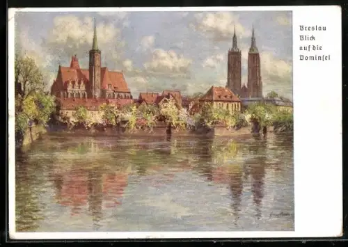 Künstler-AK Breslau, 12. Deutsches Sängerbundesfest 1937, 75-Jahr-Feier des DSB, Blick auf die Dominsel