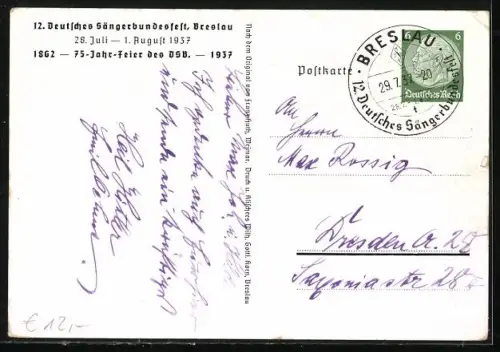 Künstler-AK Breslau, 12. Deutsches Sängerbundesfest 1937, 75-Jahr-Feier des DSB, Blick auf die Dominsel