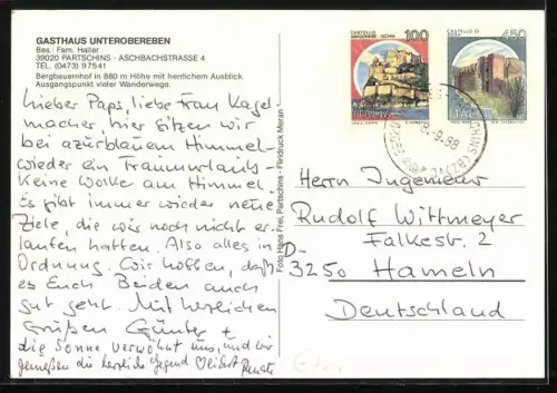 AK Partschins, Gasthaus Unterobereben mit Terrasse