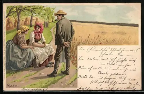 Künstler-Lithographie Alfred Mailick: Feldarbeiter bei Vesper