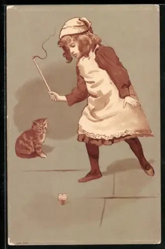 AK Katze schaut einem Mädchen beim Kreiselspiel zu