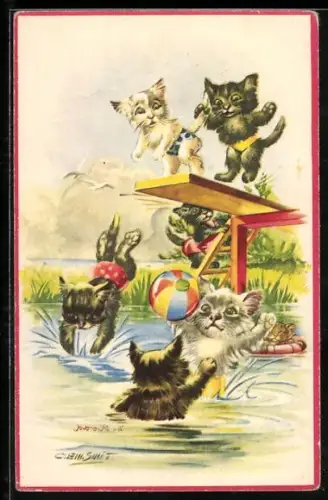 Künstler-AK Katzenkinder beim Spiel am und im Wasser, Ball, Sprungturm