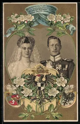 AK Kronprinz Wilhelm von Preussen mit Herzogin Cecilie v.Meklenburg-Schwerin, Erinnerung a.d.Vermählung 1905, Wappen
