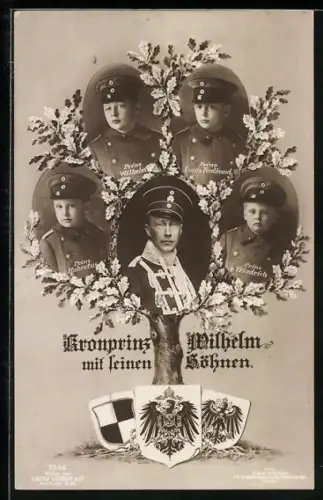 AK Kronprinz Wilhelm von Preussen in Husarenuniform mit seinen Söhnen u. a. Prinz Wilhelm & Hubertus, Wappen