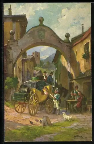 Künstler-AK Passagiere einer Postkutsche werden von einem Soldaten auf ihre Pässe kontrolliert