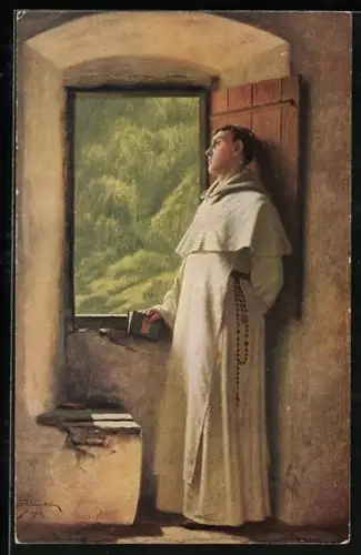 Künstler-AK Ein Sonnenstrahl, Mönch am Fenster