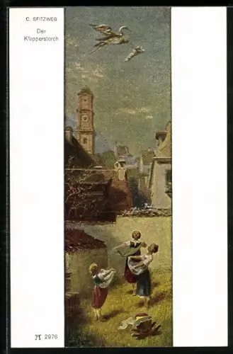 Künstler-AK Carl Spitzweg: Der Klapperstorch, Mädchen halten Rockschösse auf unter Storch mit Bündel