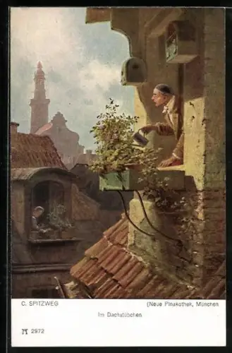 Künstler-AK Carl Spitzweg: Im Dachstübchen, Mann giesst seine Pflanzen
