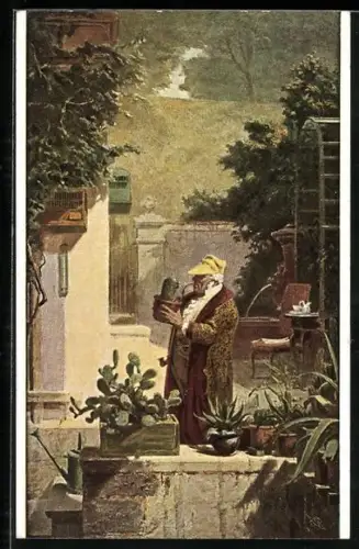 Künstler-AK Carl Spitzweg: Der Kaktusfreund auf dem Hof hinter seinem Haus