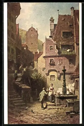 Künstler-AK Carl Spitzweg: Der ewige Hochzeiter, Galan reicht einer Dame einen Blumenstrauss