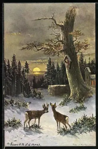Künstler-AK M. Müller jun.: Rehe im winterlichen Wald