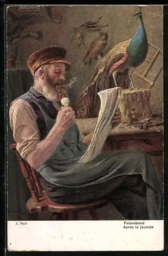 AK Tierpräparator raucht Pfeife und liest Zeitung