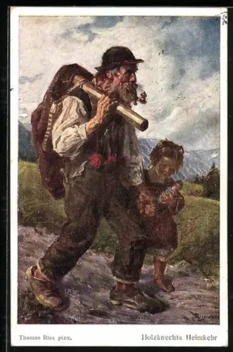 Künstler-AK Thomas Riss: Holzknechts Heimkehr, Holzfäller mit Pfeife und Kind