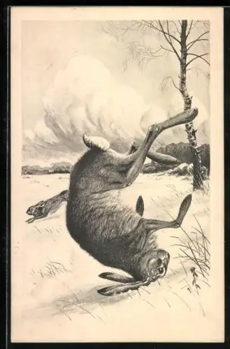 Künstler-AK Jagdeinladung, Von einem Jäger getroffener Hase stürzt aus vollem Lauf