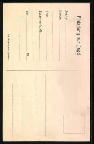 Künstler-AK Jagdeinladung, Von einem Jäger getroffener Hase stürzt aus vollem Lauf