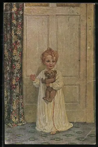 Künstler-AK R. Borrmeister: Kleines Kind im Nachthemd mit Teddy auf dem Arm