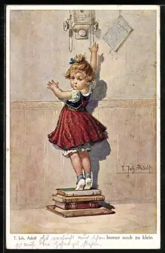 Künstler-AK Adolf (Jodolfi): kleines Mädchen kommt trotz Bücherstapel immer noch nicht an das Telefon heran