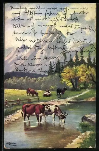 Künstler-AK Alfred Schönian: Kühe trinken Wasser aus einem Bach