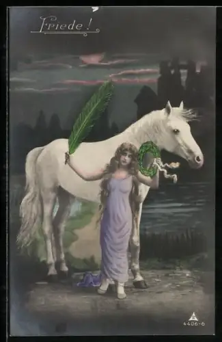 AK Junge Frau mit Zeichen des Friedens und weissem Pferd
