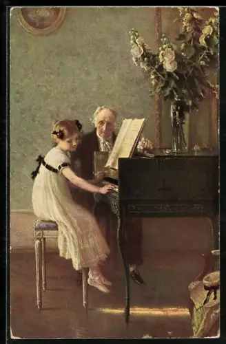 Künstler-AK Muenier: La lecon de clavecin, Klavierstunde, kleines Mädchen mit seinem Klavierlehrer am Flügel