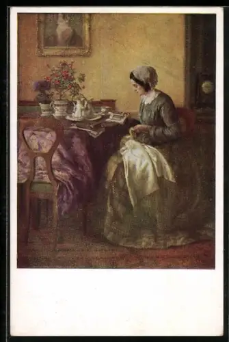 Künstler-AK Karl Maria Schuster: Das interessante Buch, Frau liest ein Buch