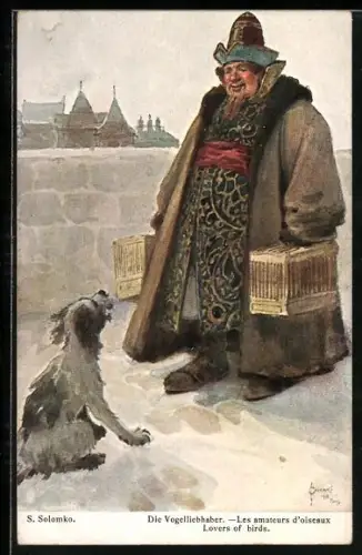 Künstler-AK S. Solomko: Mann mit Vogelkäfig in der Hand, Vogelliebhaber