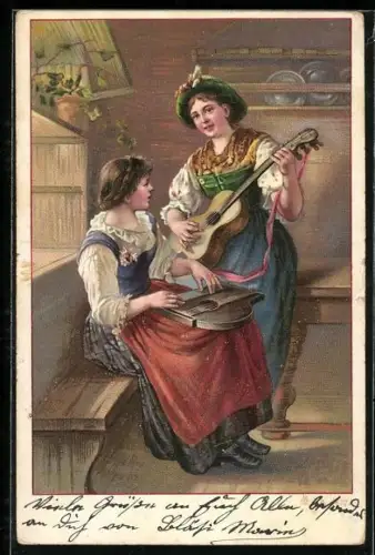 AK Zither- u. Gitarrenspielerin in Tracht