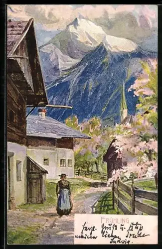 AK Allegorie, Frühling, Frau spaziert in den Bergen