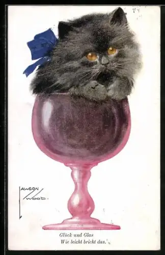 Künstler-AK Lawson Wood: Glück und Glas, Wie leicht bricht das, ein Kätzchen sitzt in einem Weinglas